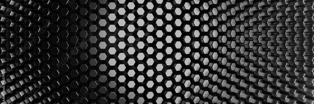 Poster futuristic surface made of geometric black hexagon blocks. 3d rendering