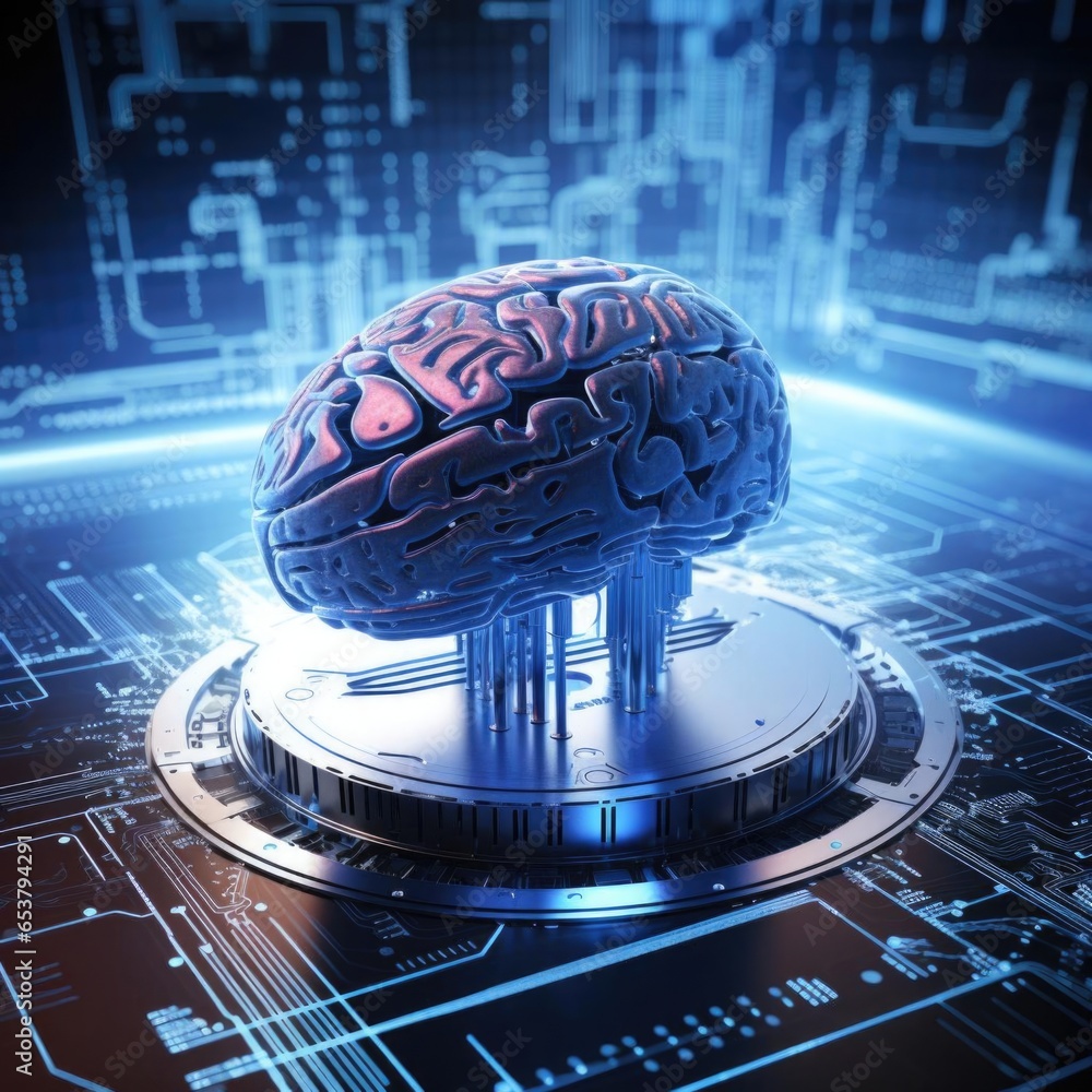 Poster abstract circuit board with brain. modern design concept on the theme of artificial intelligence.
