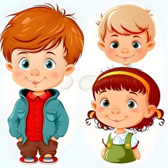 Smiling child girl and boy separate pictures cartoon style white background  - obrazy, fototapety, plakaty