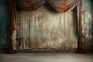 Red old dirty theater curtain against the background of a wall with crumbling plaster. Long abandoned scene