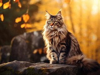 Naklejka premium A majestic Maine Coon cat sitting on a stone wall against a dense forest background during autumn. Sunlight filtering through the trees, illuminating the cat’s fur