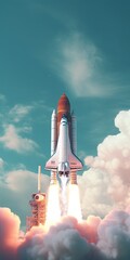 Space Shuttle Takes Off in a Cloudy Sky, Embarking on a Lunar Journey as Part of an Exciting Space Mission to the Moon