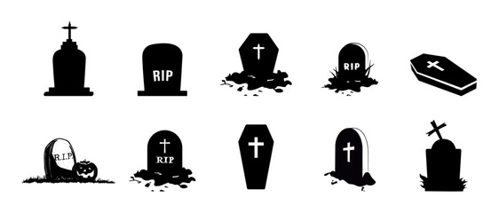 Spooky tombstone vector illustration. RIP gravestone for Halloween, cemetery or tomb, stone crosses on white background. Halloween, funeral concept design. - obrazy, fototapety, plakaty