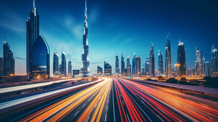 Fototapeta na wymiar Dubai, futuristic skyline, Burj Khalifa towering, twilight transition, cars zooming on the highway, long exposure