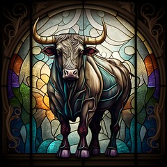 powerful Bull in stained glass 