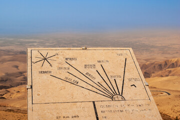 Famous Mount Nebo or Mount Moses in Madaba. Observation deck with marble slab. Directions and distances to destinations are marked on marble slab. Madaba, Jordan, December 3, 2009