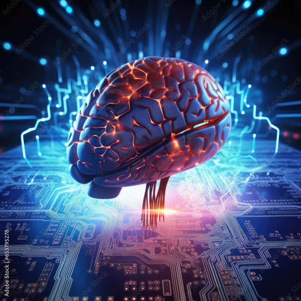 Aufkleber circuit style with brain model. artificial neural network.