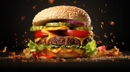 Fresh tasty burger on dark background.