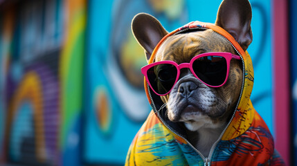 French Bulldog, graffiti urban background, wearing a hoodie and sunglasses, vibrant colors
