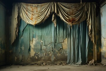 a torn dirty white theater curtain with rusty stains against the background of a wall with crumbling plaster. Abandoned stage - obrazy, fototapety, plakaty