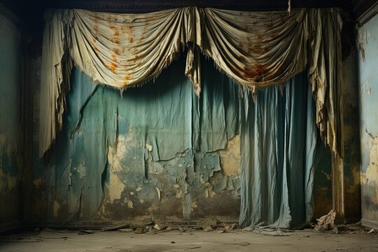 a torn dirty white theater curtain with rusty stains against the background of a wall with crumbling plaster. Abandoned stage