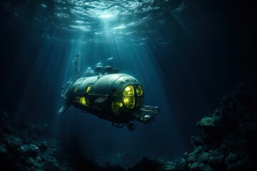 Submarine descending into the depths of the ocean