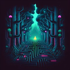 1980s 8bit pixel Atari Style Synthwave Pac Man type game maze fantasy forest Synthwave 