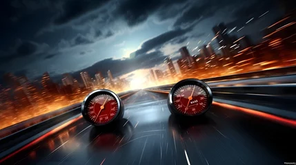 Zelfklevend Fotobehang Speedometer scoring high speed in a fast motion blur racetrack background. Speeding Car Background Photo Concept. © Lucky Ai