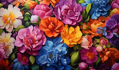 Painting background of various flowers full screen embossed, AI generative - obrazy, fototapety, plakaty