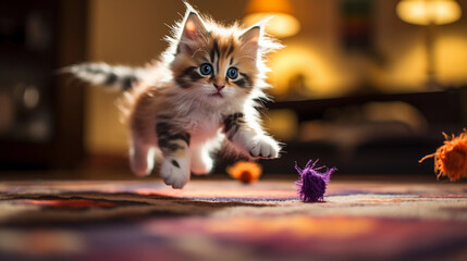 calico kitten playfully batting at a feather toy on a plush rug, eyes wide, paws in mid - air. Warm...