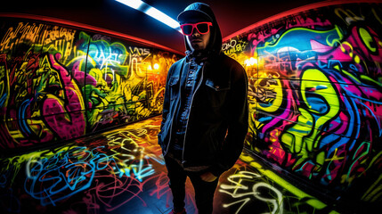 Urban streetwear, graffiti background, layers of textures and textiles, neon lighting, fisheye lens effect