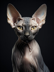 Sphynx cat in a dramatic pose, sharp focus on the eyes. Studio setup with charcoal gray background, high contrast lighting to emphasize skin texture