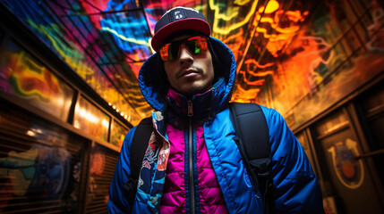 Urban streetwear, graffiti background, layers of textures and textiles, neon lighting, fisheye lens effect