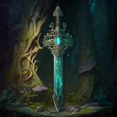 an ancient forest magical sword with gem center of guard and 3 empty sockets high detail 