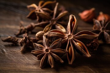 Close up of several spicy anise stars on a wooden table in a dark key