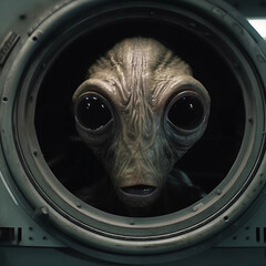 Close up portrait of an alien staring at camera through a hole or window of a capsule