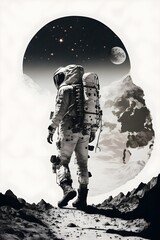 side view portrait of a astronaut double exposure of youg teenager walking on a path in a moon mountain and milky way on his side solar system  - obrazy, fototapety, plakaty