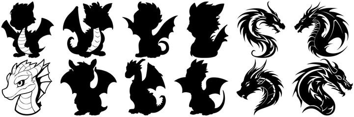 Dragon silhouettes set, large pack of vector silhouette design, isolated white background