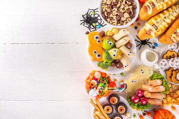 Halloween monster food and snack assortment. Set of funny creative food for children Halloween...