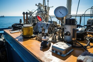 Fototapeta na wymiar Scientific equipment on the deck of a research vessel, close up