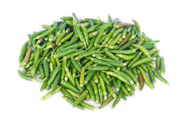 Green chillies isolated on white background. Concept, food ingredient for seasoning with hot and spicy taste of food. Medicinal property. Medicine from nature vegetables. Thai hot chillies.     