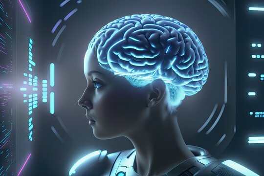 Sci-fi style Human brain and neurons, neon colors. Artificial intelligence concept, generative ai