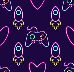 seamless pattern neon games glowing desktop icon, neon game joystick sticker, neon rocket figure, glowing arrows figure, neon geometrical figures 