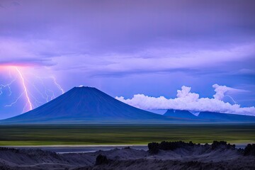 Fototapeta premium Night landscape with volcano and burning lava. Volcano eruption, fantasy landscape, generative ai