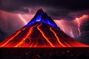 Night landscape with volcano and burning lava. Volcano eruption, fantasy landscape, generative ai
