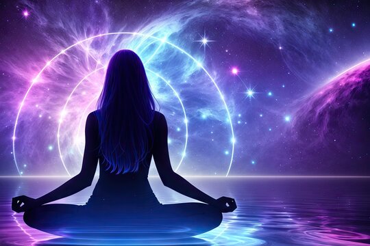 Yoga space concept. Young woman seats in lotus position. Space starry background, generative ai
