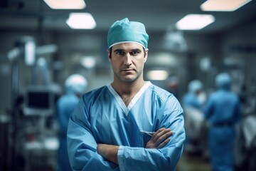 Surgeon man doctor serious angry face portrait in operation room - obrazy, fototapety, plakaty