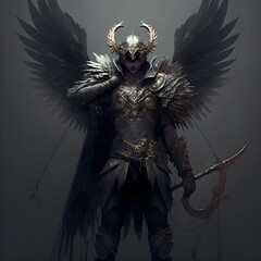 male Hunter angel heavily armored full body armor face covered high fantasy art deco massive great bow magical 