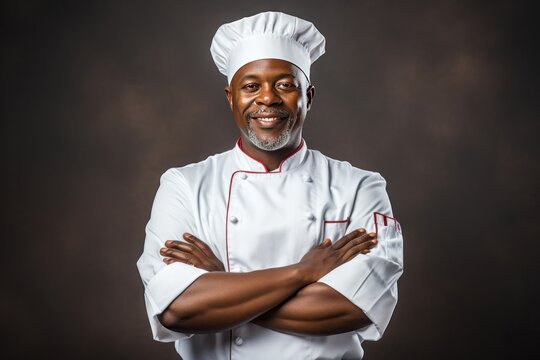 Black African American Chef pausing smiling happy face crossing arms in restaurant