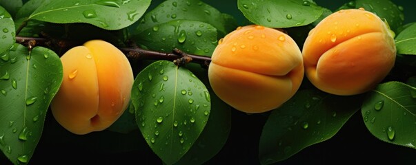 Fresh ripe orange apricots, healthy bio fruit food panorama banner. Generative Ai