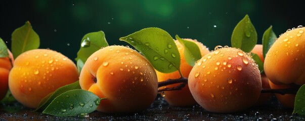 Fresh ripe orange apricots, healthy bio fruit food panorama banner. Generative Ai