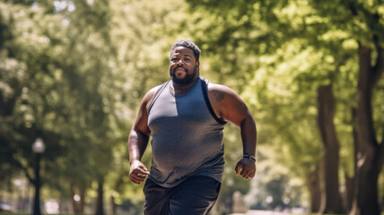 a chubby black man exercising, a healthy jogger walking in a city park. - obrazy, fototapety, plakaty