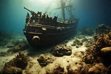 Fotobehang Remains of a shipwreck on the ocean floor © Radmila Merkulova