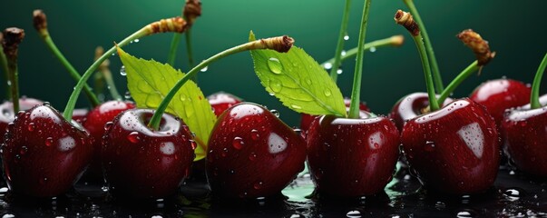 Fresh ripe red cherries, exotic healthy bio fruit food panorama banner. Generative Ai
