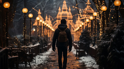 The young man walking alone to church at night - obrazy, fototapety, plakaty