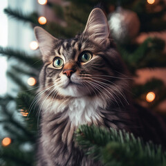 Close up photo of cat in Christmas tree