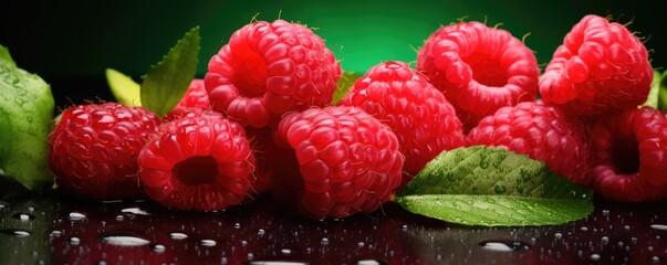 Fresh ripe raspberries healthy bio fruit food gardening concept banner panorama. Generative Ai