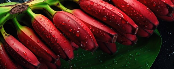 Fresh ripe red bananas, exotic healthy bio fruit food gardening banner panorama. Generative Ai