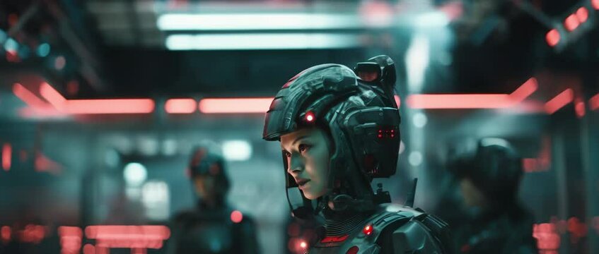 Close up shot of caucasian futuristic female soldier wearing helmet and standing in laboratory. Sci-fi concept. Anamorphic 4k footage