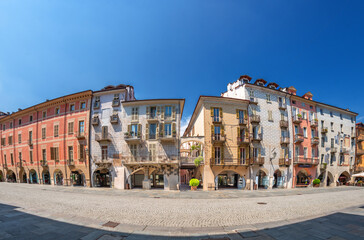 Cuneo, Piedmont, Italy - August 16, 2023: Cityscape on Roma Street main pedestrian cobblestone...